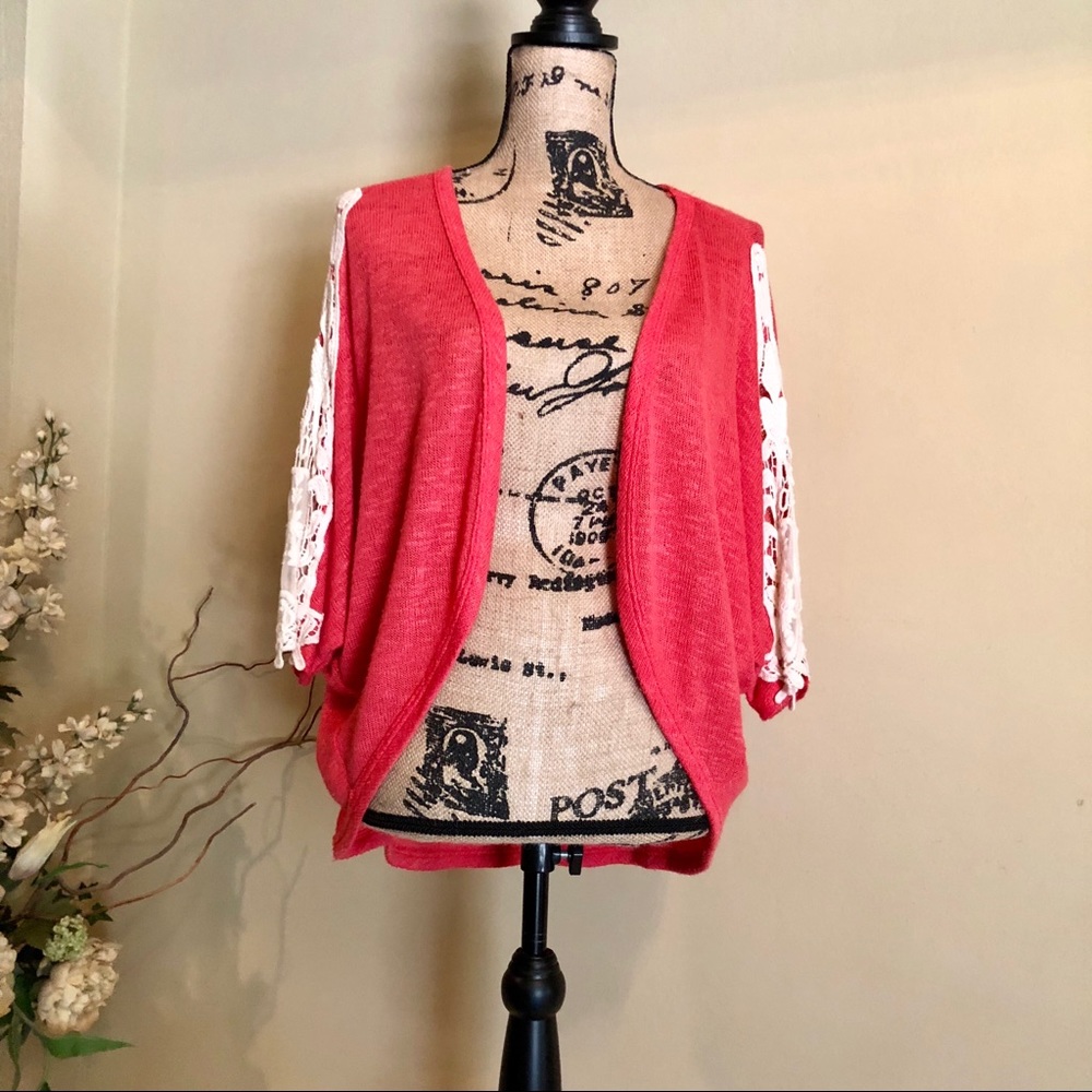 ~OnTwelfth~ pink cardigan with lace on sleeves.